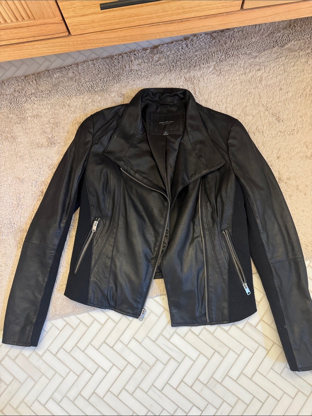 Black Faux Leather Moto Jacket with Asymmetric Zip - Womens